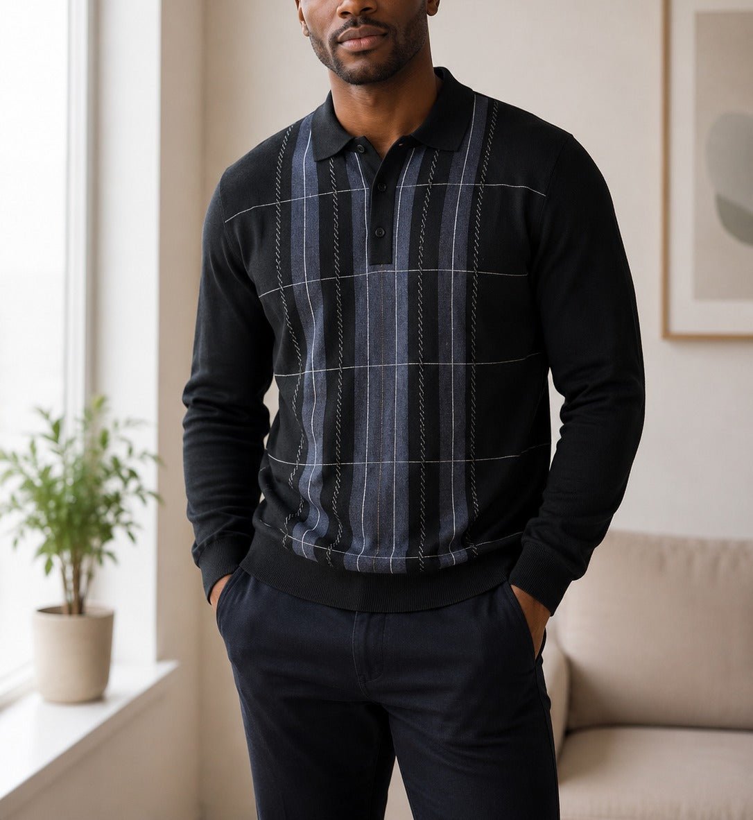 Men's Grey Stripe Printed Collar Sweater - StylePhase SA