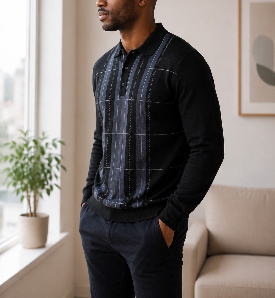 Men's Grey Stripe Printed Collar Sweater - StylePhase SA