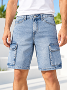 Men's light blue denim cargo shorts side view