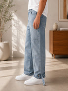 Men's Light Wash Paneled Ankle Strap Jeans - StylePhase SA