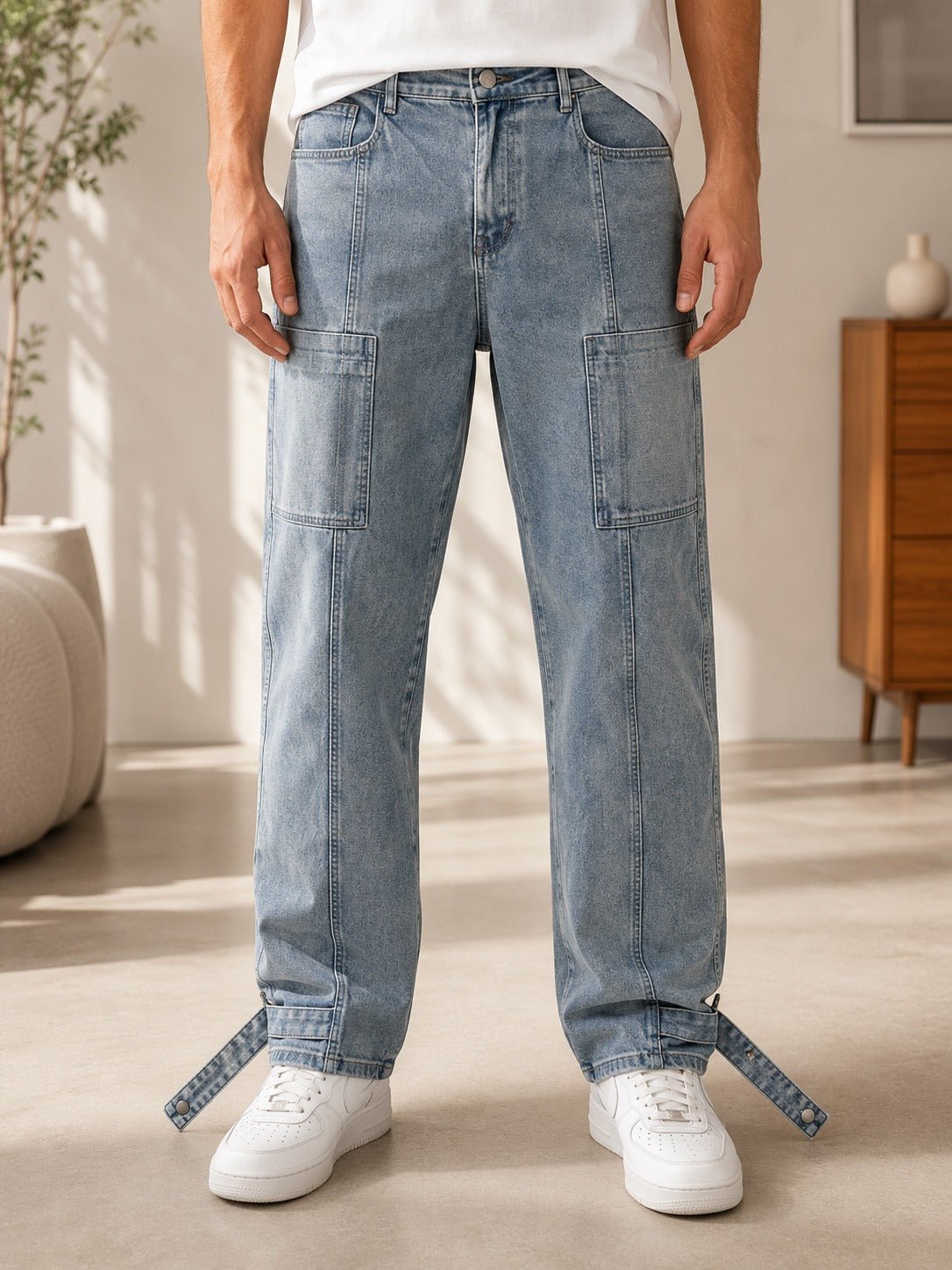Men's Light Wash Paneled Ankle Strap Jeans - StylePhase SA