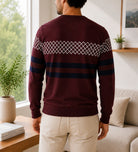 Men's Maroon Crew Neck Geometric Stripe Knit Jersey - StylePhase SA