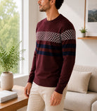 Men's Maroon Crew Neck Geometric Stripe Knit Jersey - StylePhase SA