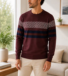Men's Maroon Crew Neck Geometric Stripe Knit Jersey - StylePhase SA