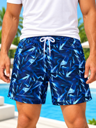 back view of men's navy blue lightning print shorts