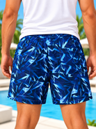 side view of men's navy blue lightning print shorts