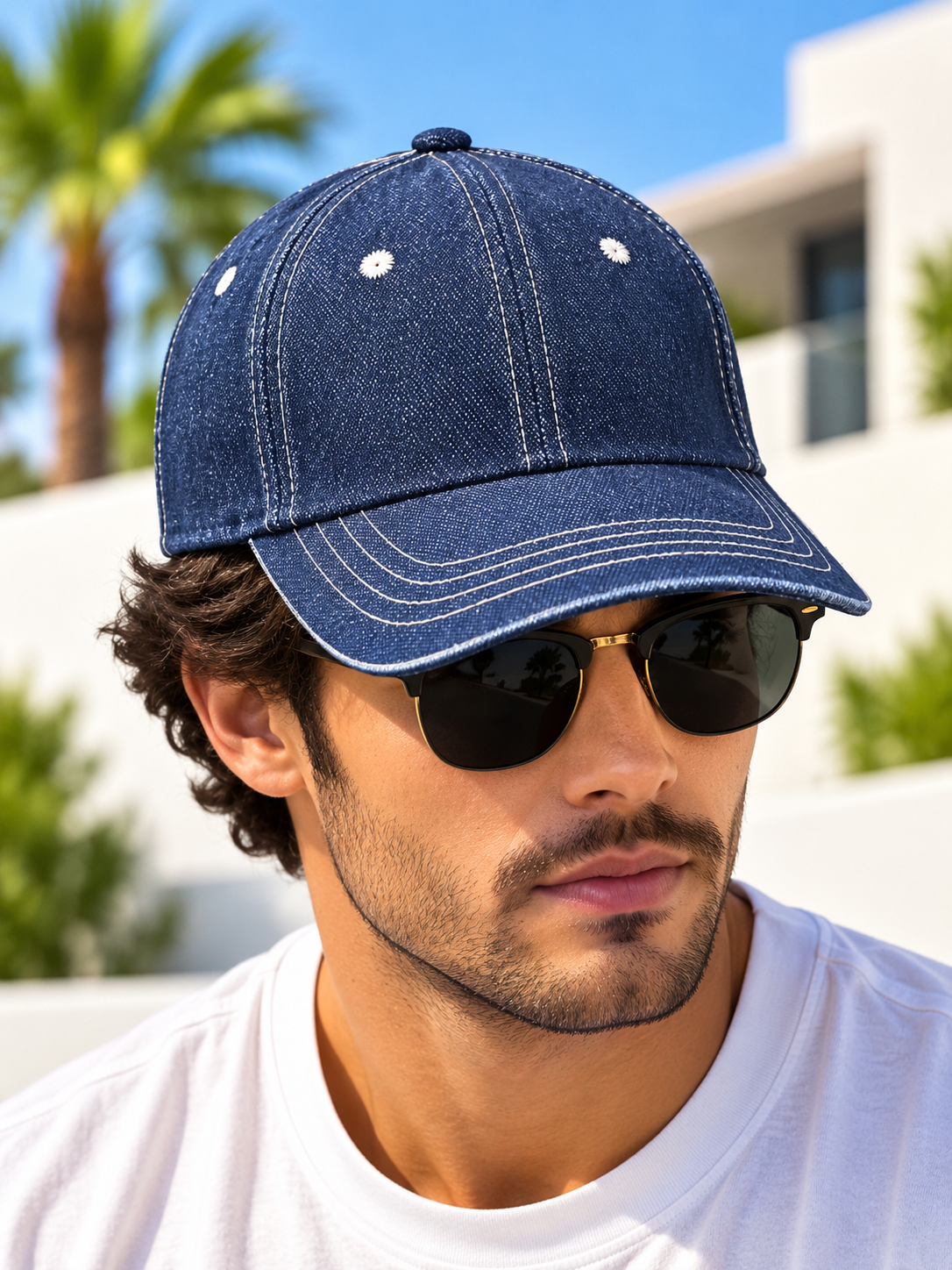 Men's navy blue baseball cap with white contrast stitching