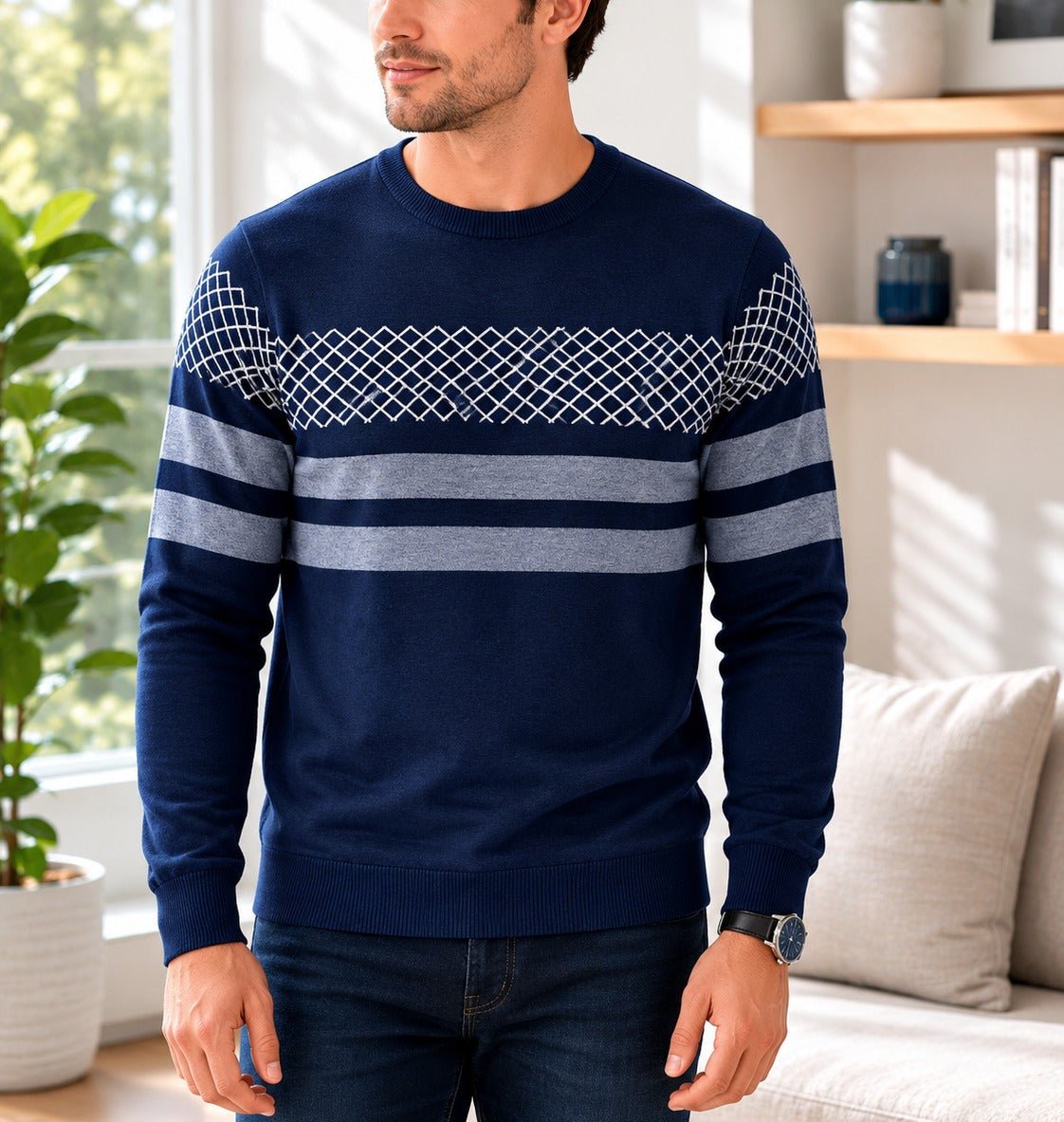 Men's Navy Geometric Stripe Crew Neck Knit Jersey - StylePhase SA