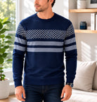 Men's Navy Geometric Stripe Crew Neck Knit Jersey - StylePhase SA