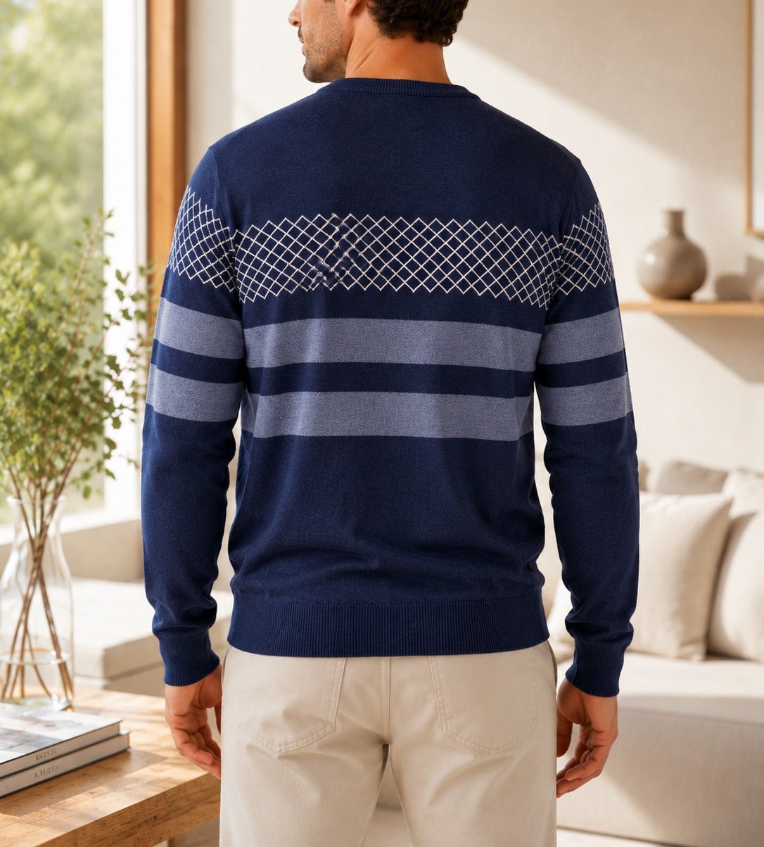 Men's Navy Geometric Stripe Crew Neck Knit Jersey - StylePhase SA
