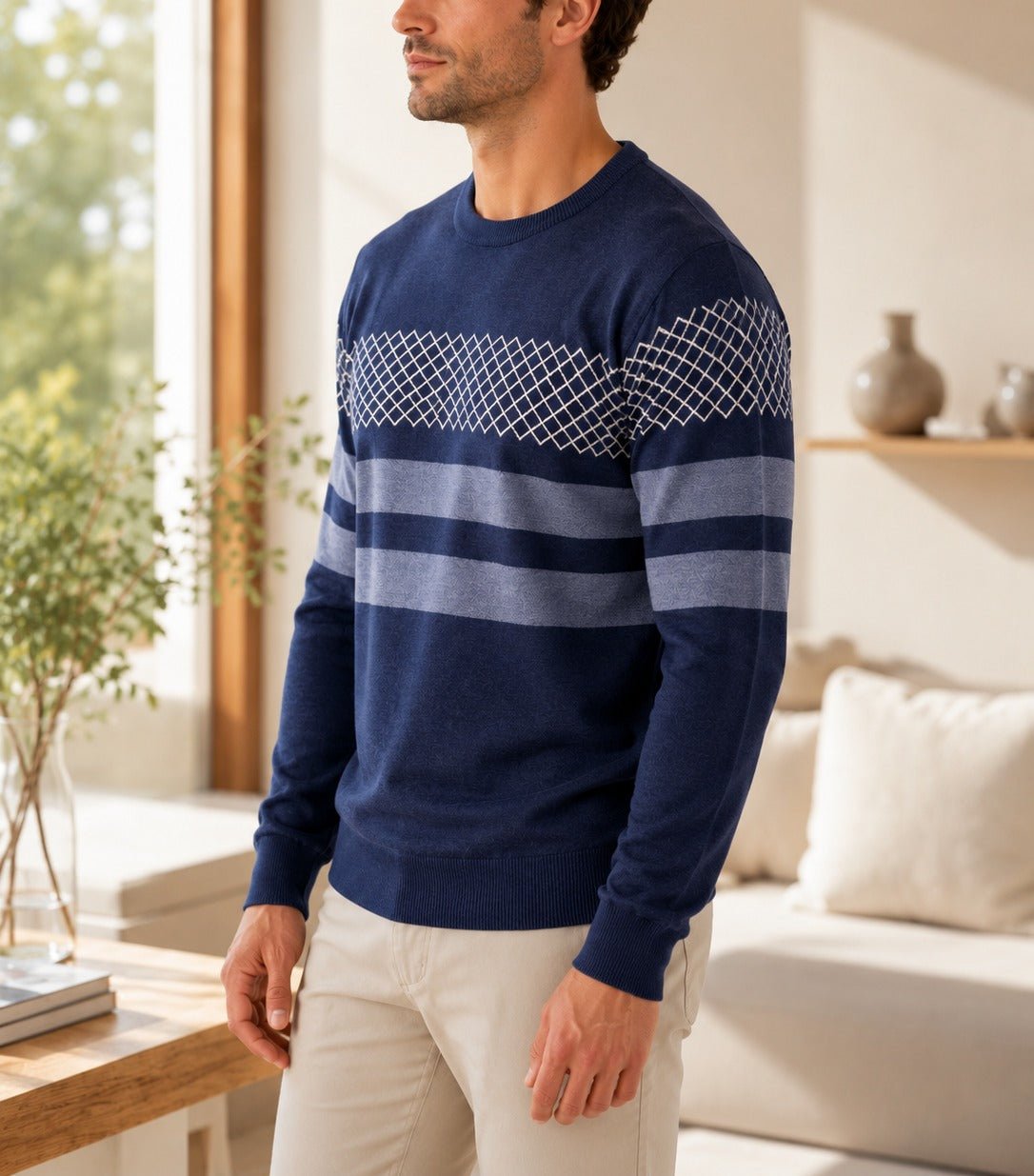 Men's Navy Geometric Stripe Crew Neck Knit Jersey - StylePhase SA