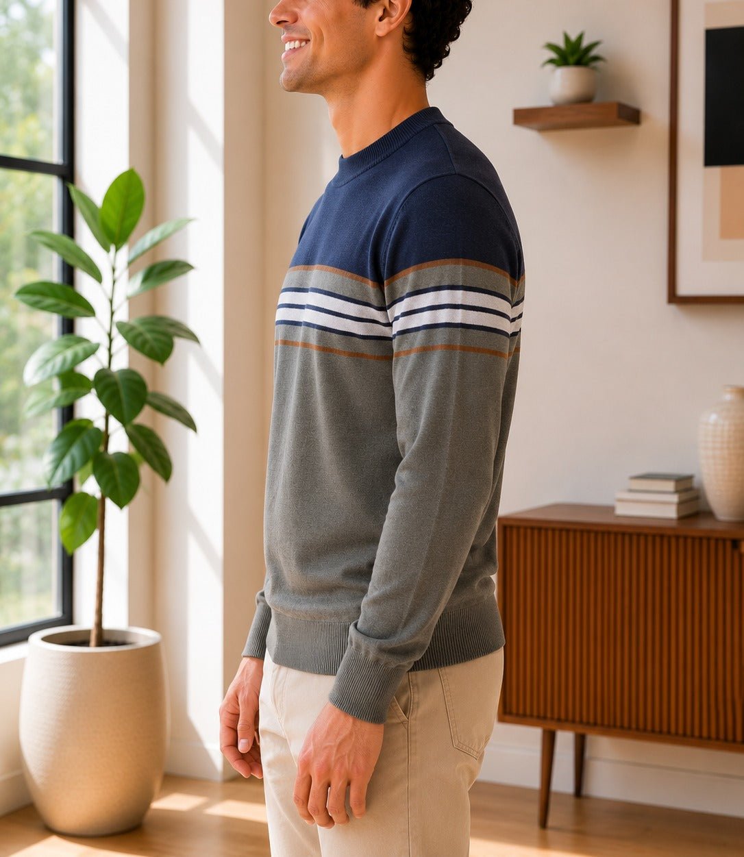 Men's Navy & Grey Stripe Crew Neck Knit Sweater - StylePhase SA