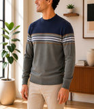 Men's Navy & Grey Stripe Crew Neck Knit Sweater - StylePhase SA