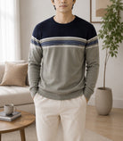 Men's Navy & Grey Stripe Round Neck Sweater - StylePhase SA