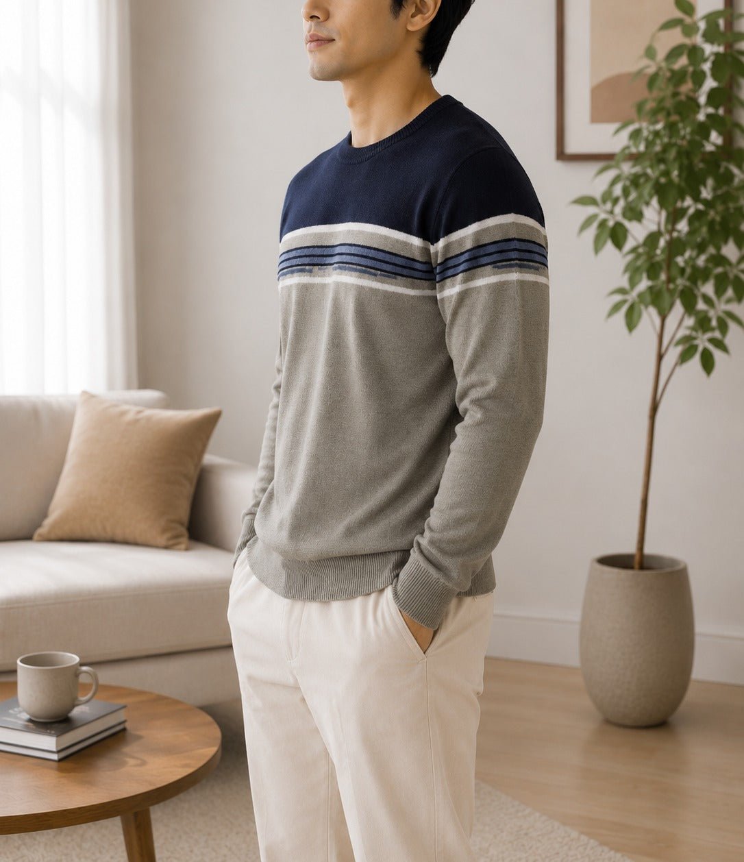 Men's Navy & Grey Stripe Round Neck Sweater - StylePhase SA