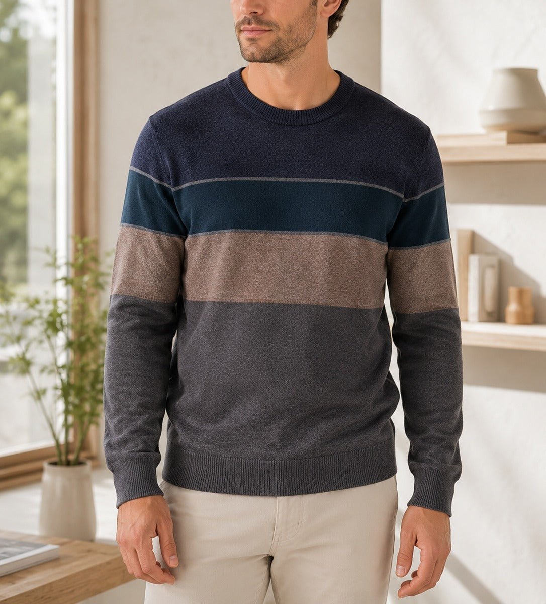 Men's Navy Multi Stripe Crew Neck Knit Jersey - StylePhase SA