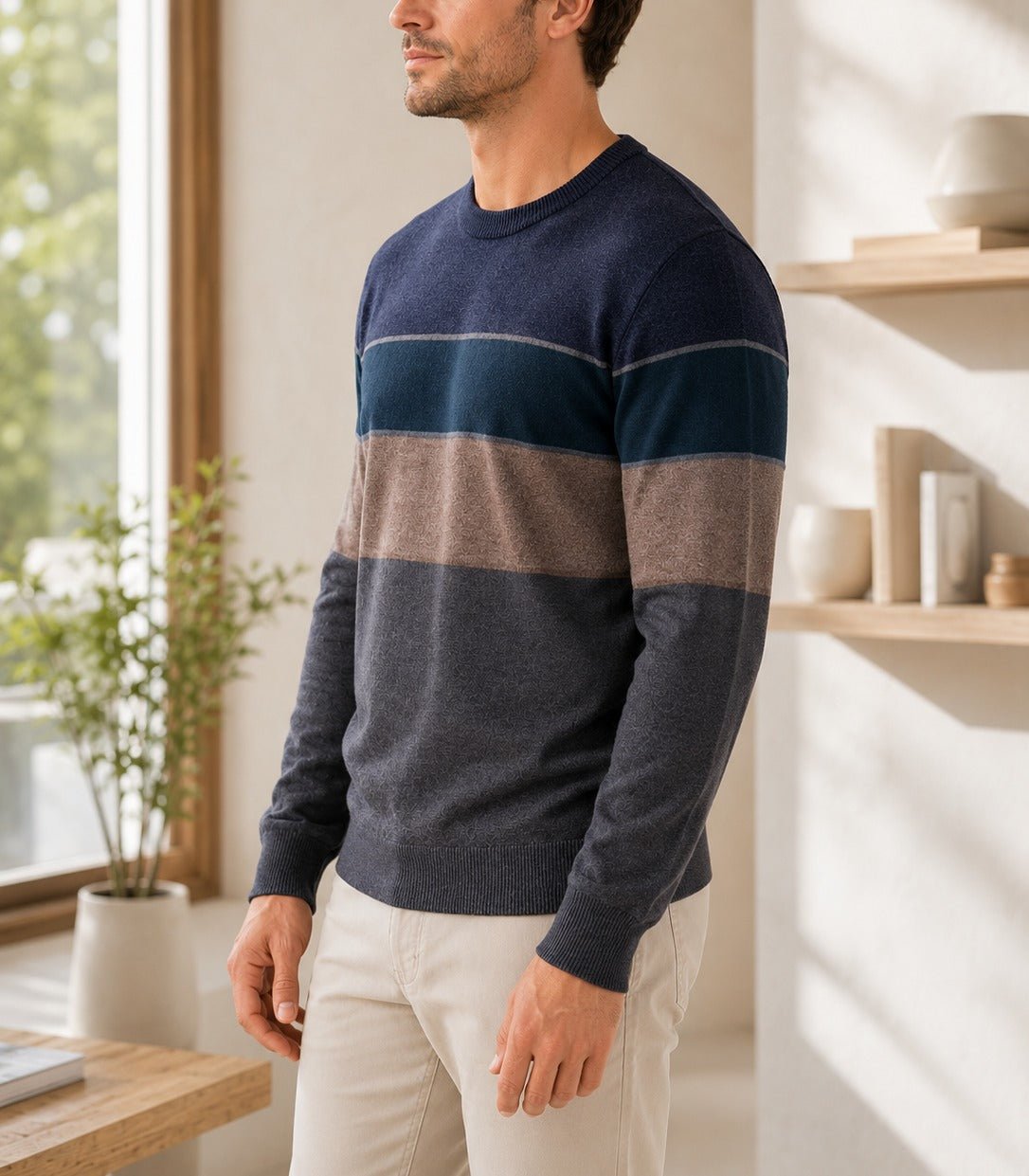 Men's Navy Multi Stripe Crew Neck Knit Jersey - StylePhase SA