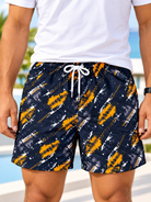 Front view of men's navy and orange abstract print drawstring shorts