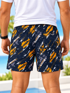 Back view of men's navy and orange abstract print shorts with patch pocket
