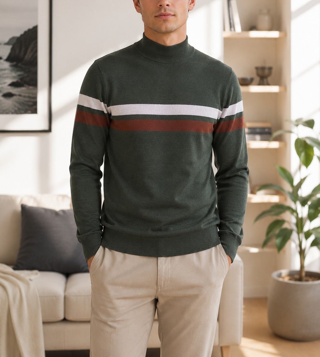 Men's Olive And Rust Round Neck Sweater - StylePhase SA