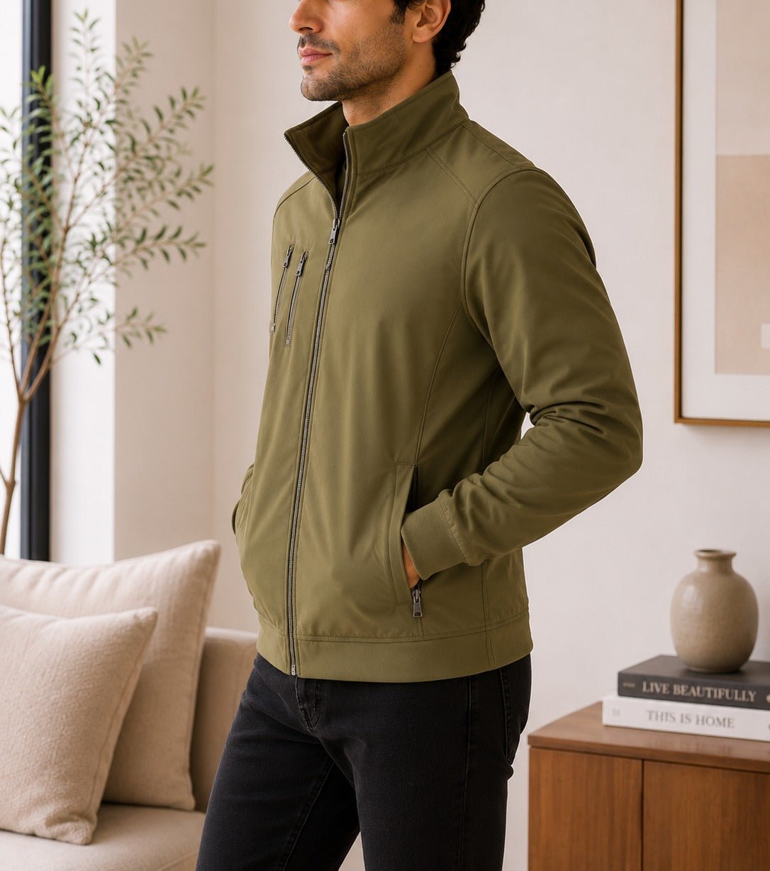 Mens Olive Fleece Double Chest Zip Jacket - StylePhase SA