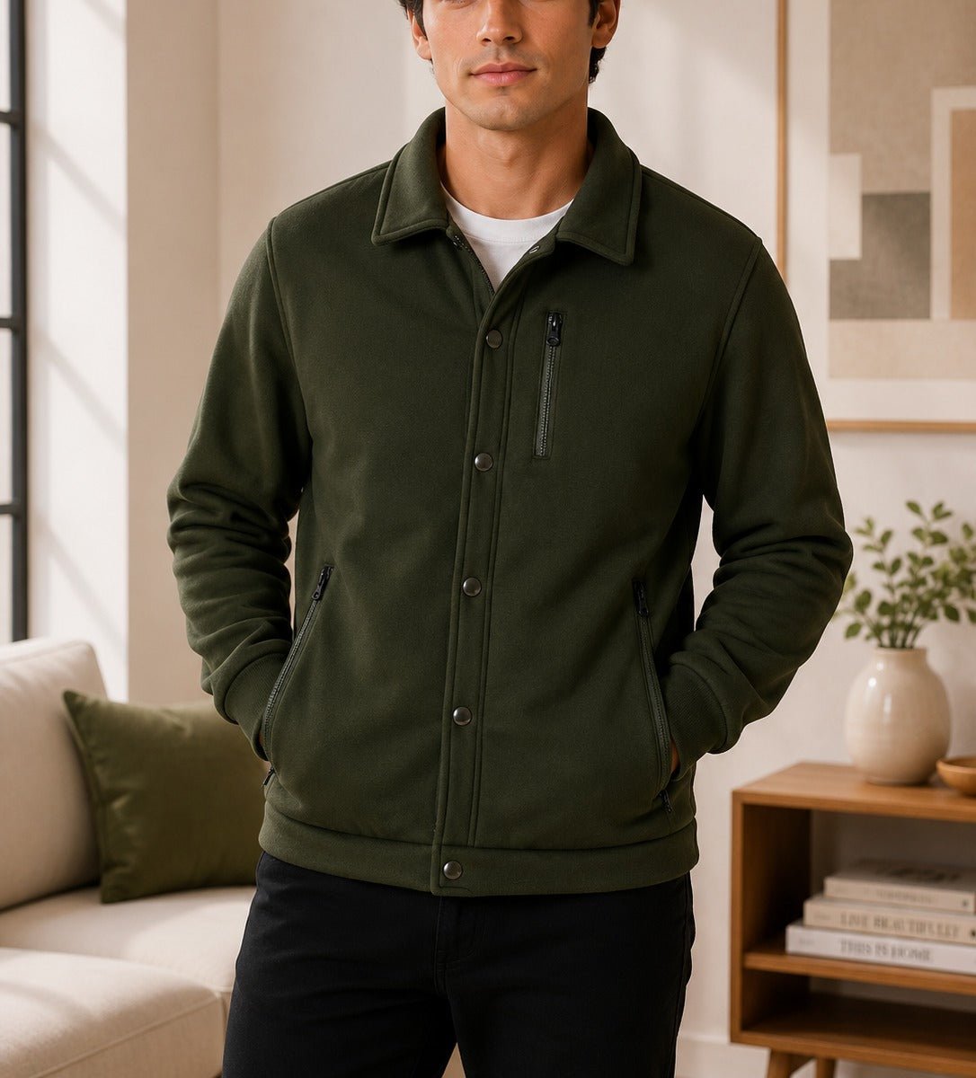 Mens Olive Green Fleece Chest Zip Jacket - StylePhase SA