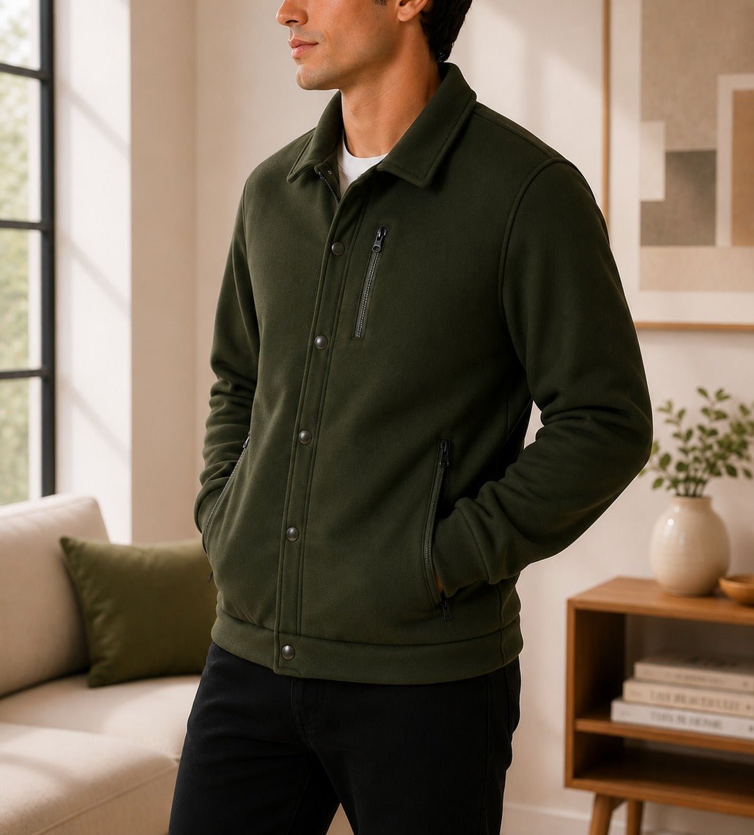 Mens Olive Green Fleece Chest Zip Jacket - StylePhase SA
