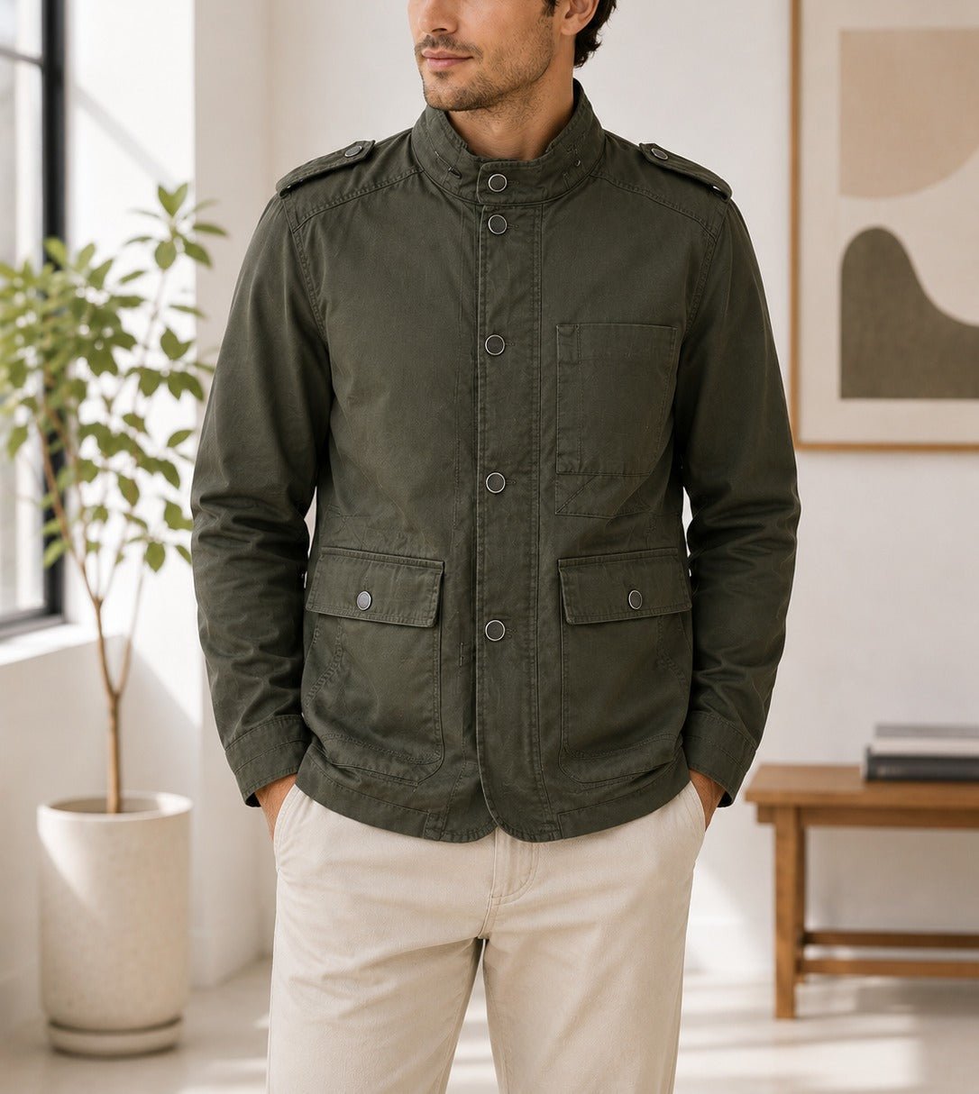 Mens Olive Pocket Front Jacket - StylePhase SA