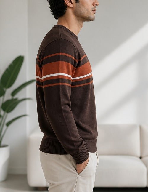 Men's Orange And Brown Round Neck Sweater - StylePhase SA