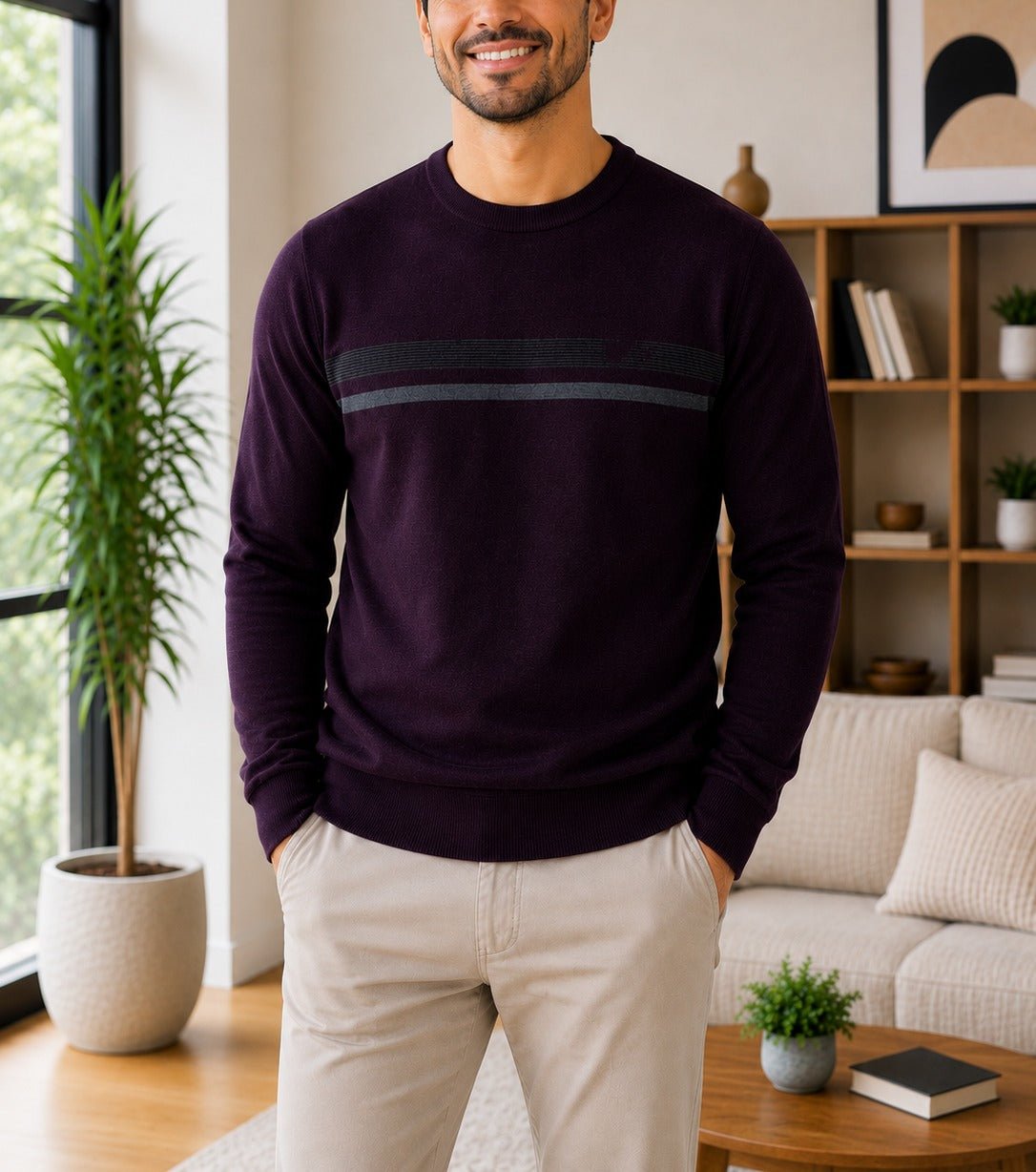 Men's Plum Crew Neck Stripe Knit Sweater - StylePhase SA
