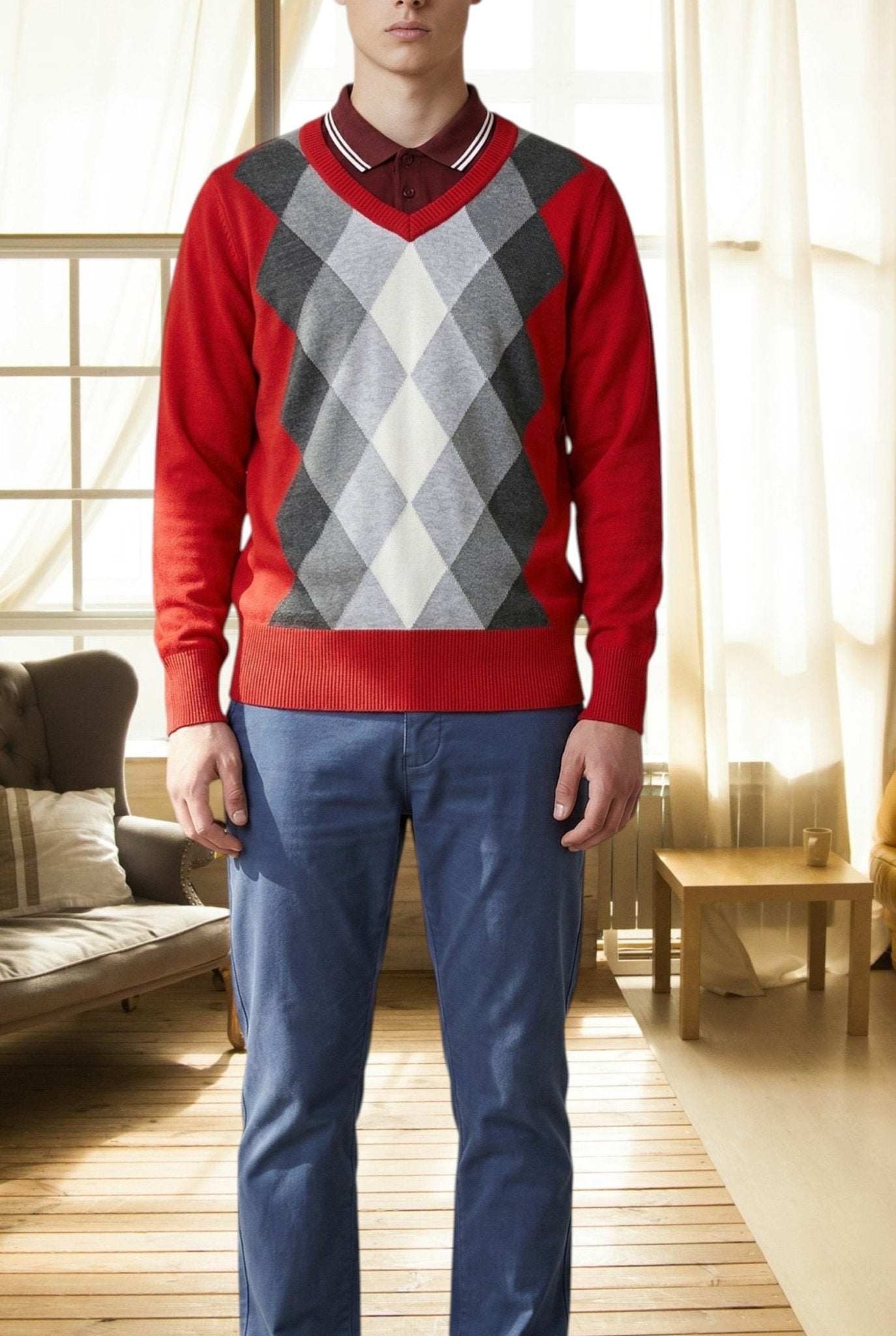 Mens Red Diamond Print Sweater - StylePhase SA