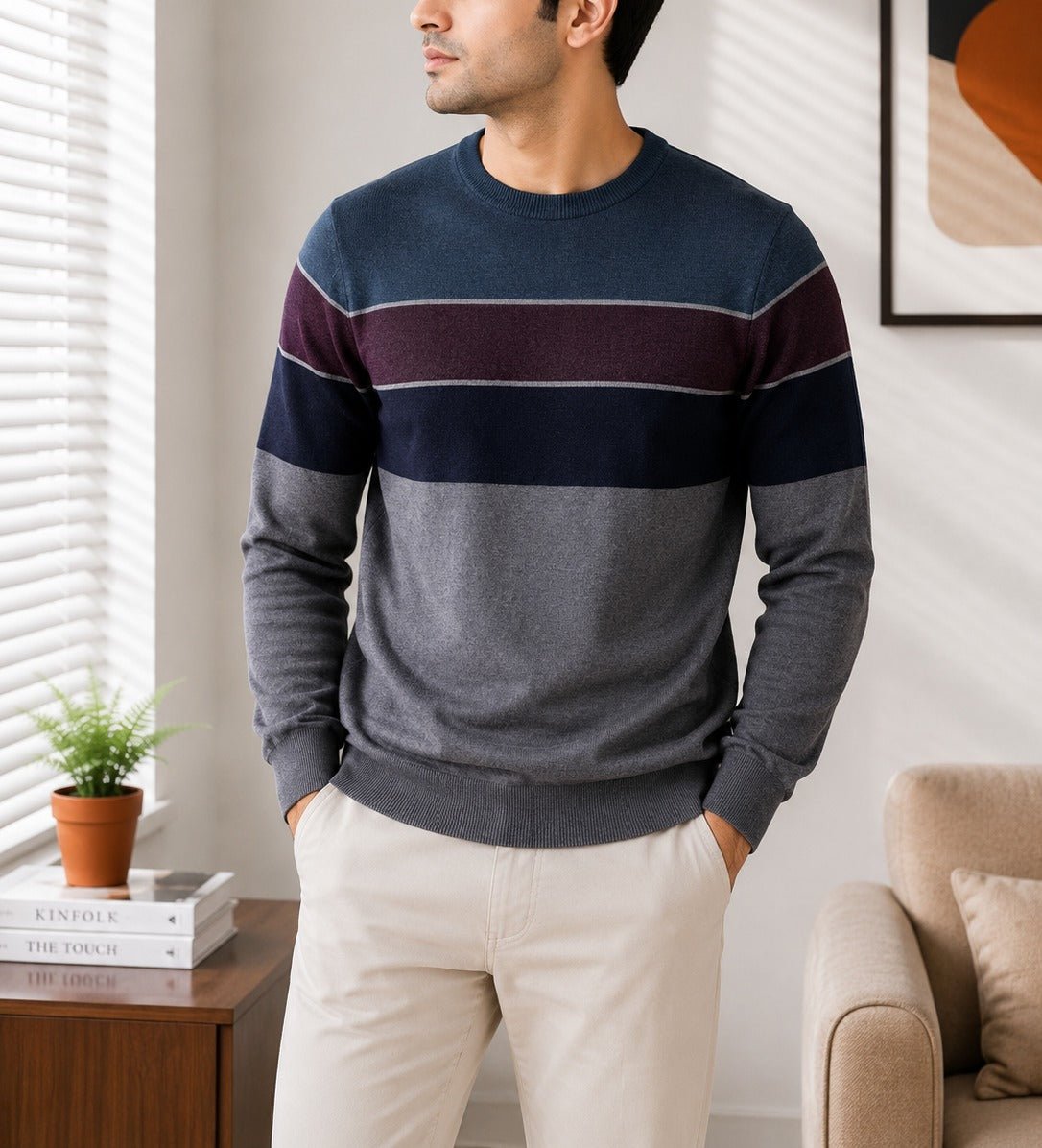 Men's Stripped Grey And Blue Knit Jersey - StylePhase SA