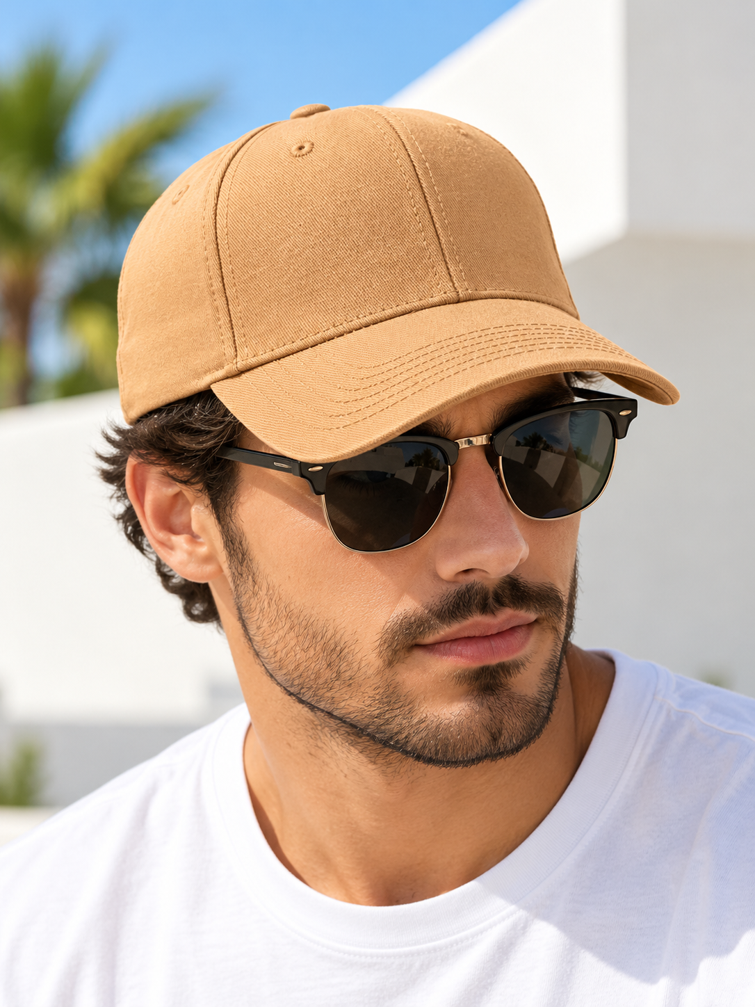 Plain tan baseball cap front angled lifestyle view