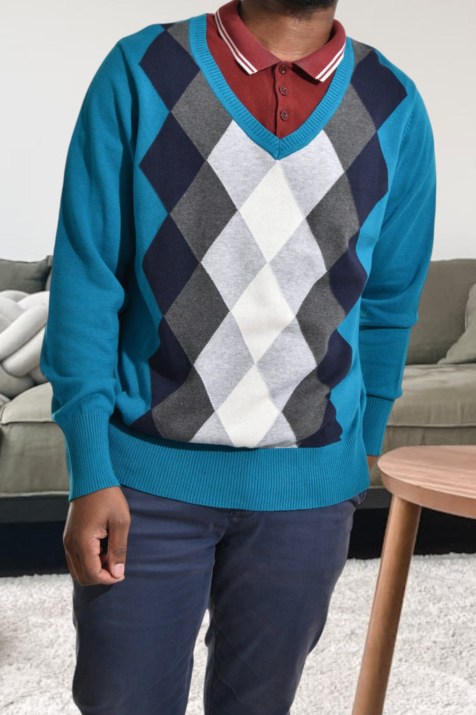 Mens Teal Diamond Print Sweater - StylePhase SA