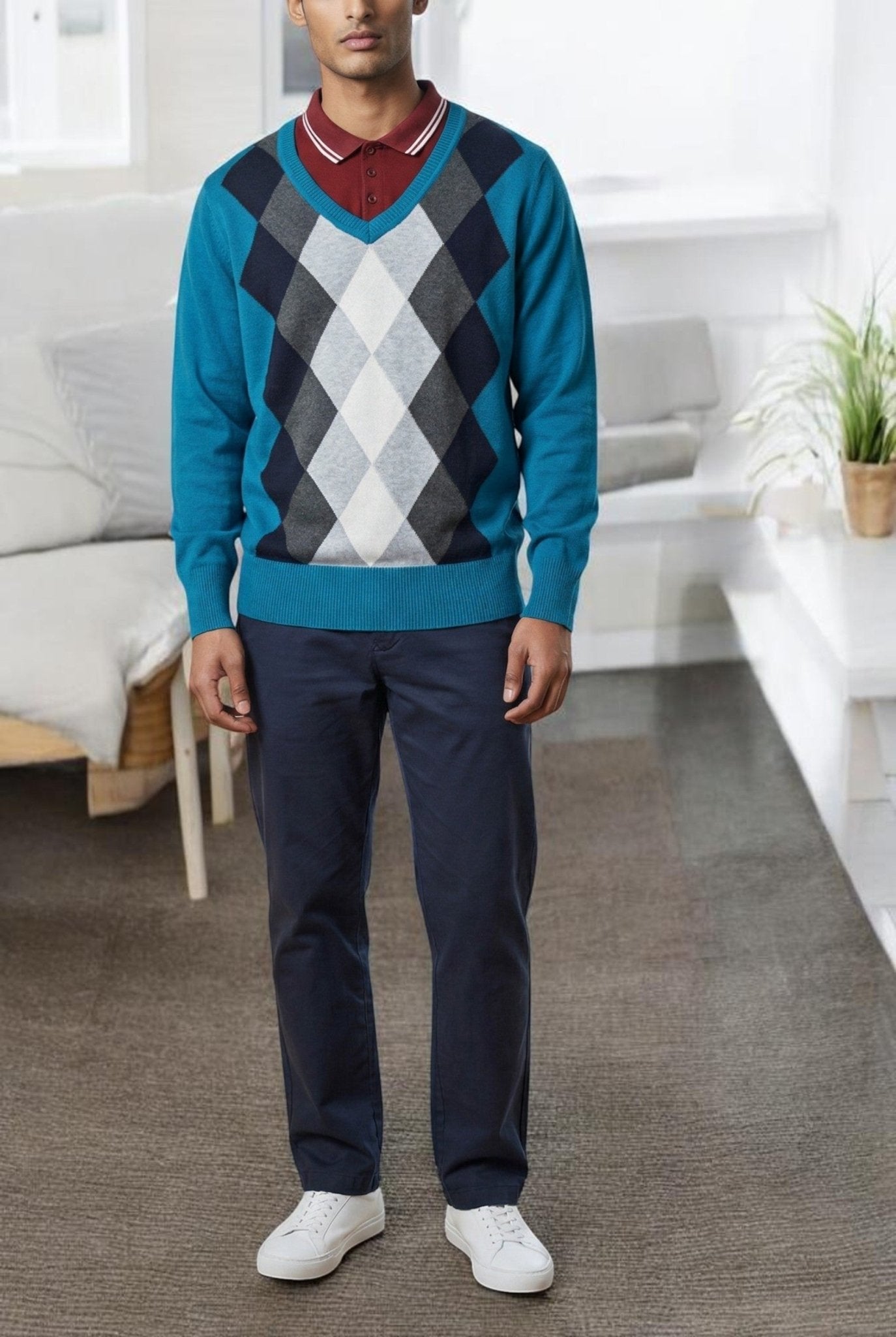 Mens Teal Diamond Print Sweater - StylePhase SA