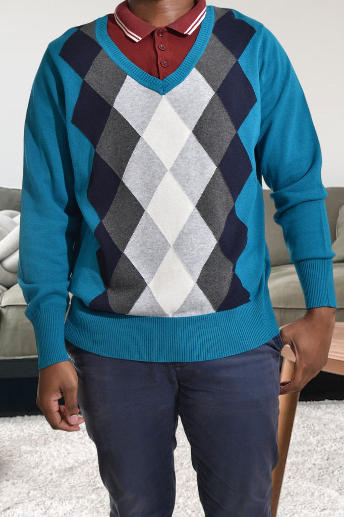 Mens Teal Diamond Print Sweater - StylePhase SA