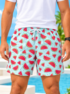 side view of men's aqua watermelon print shorts