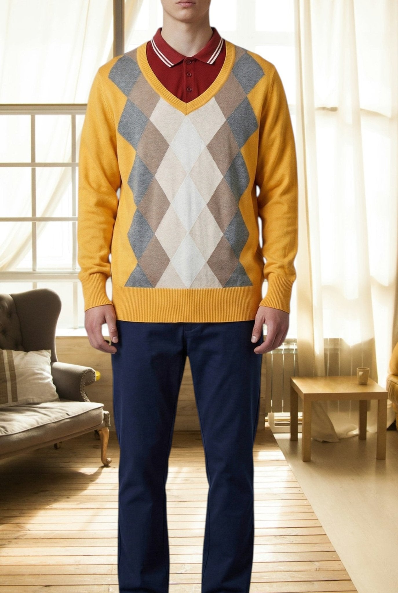 Mens Yellow Diamond Print Sweater - StylePhase SA