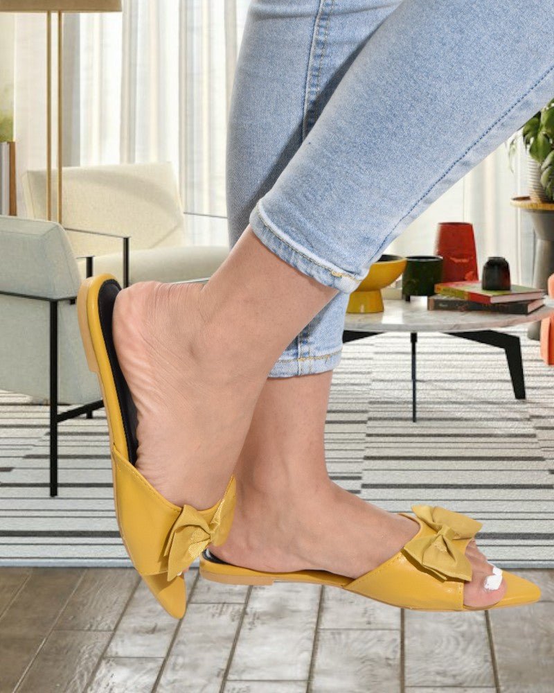 Mustard Bow Decor slide Sandals - StylePhase SA