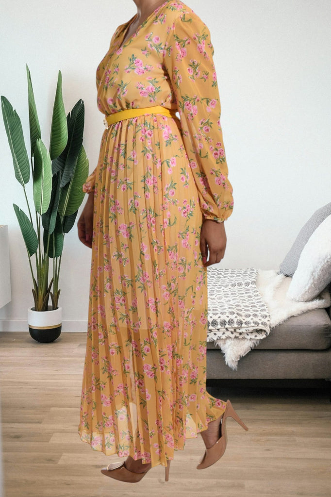 Mustard Floral Chiffon Dress with Belt - StylePhase SA