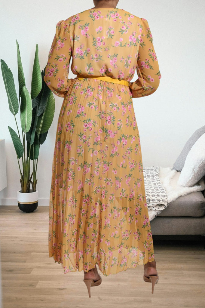 Mustard Floral Chiffon Dress with Belt - StylePhase SA