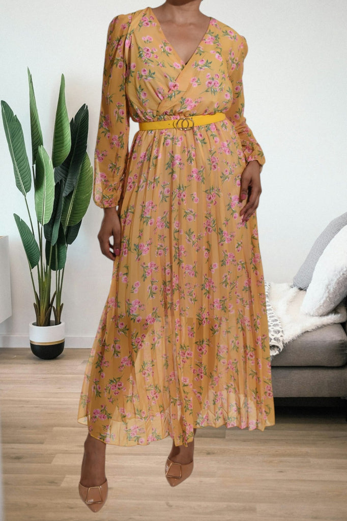 Mustard Floral Chiffon Dress with Belt - StylePhase SA