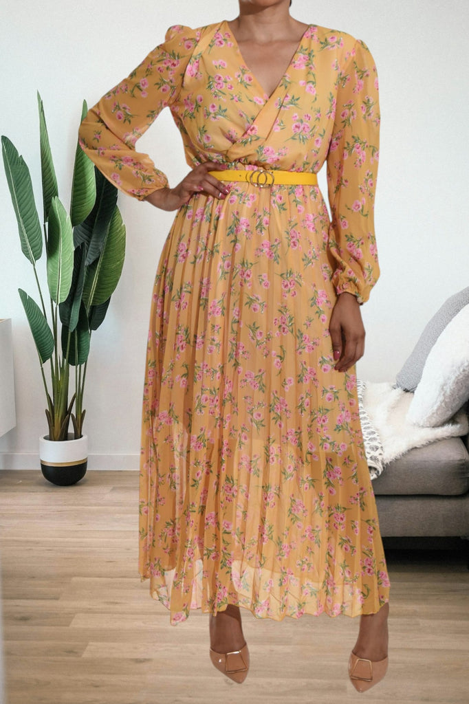 Mustard Floral Chiffon Dress with Belt - StylePhase SA