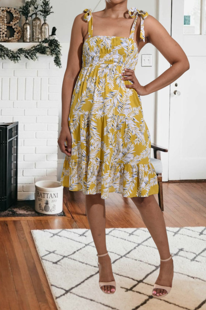 Mustard Floral Tie Shoulder Dress - StylePhase SA