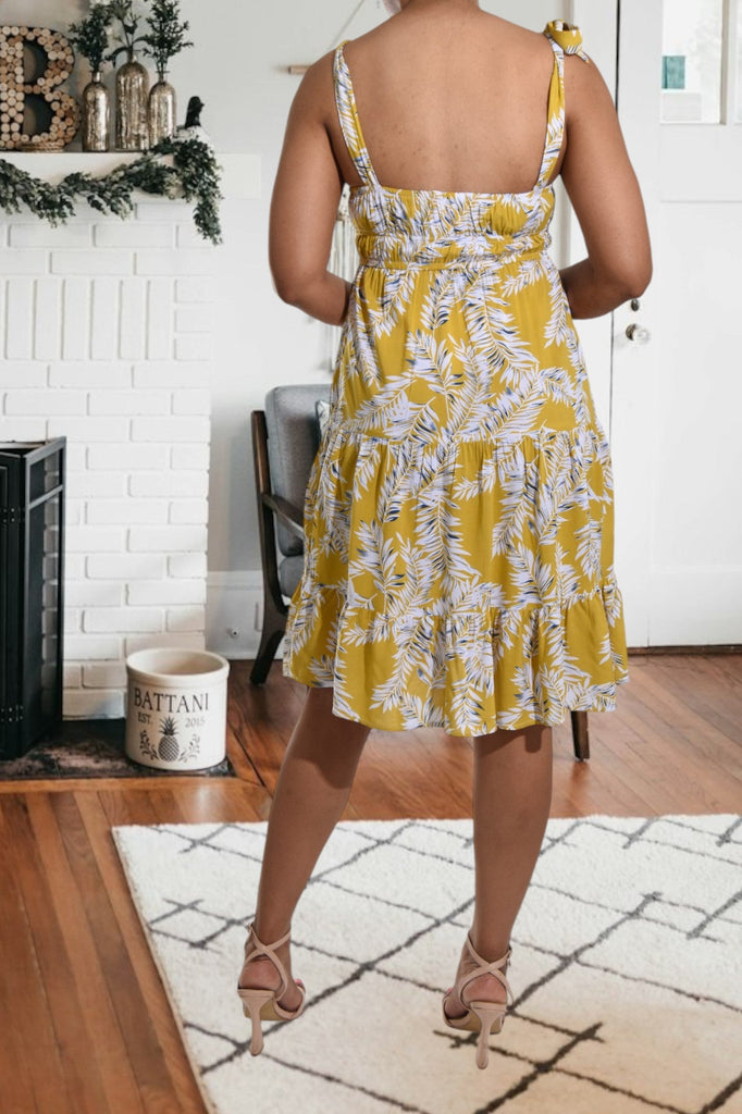 Mustard Floral Tie Shoulder Dress - StylePhase SA