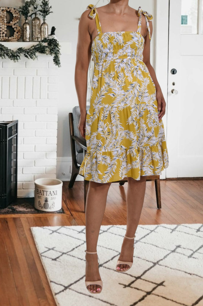 Mustard Floral Tie Shoulder Dress - StylePhase SA