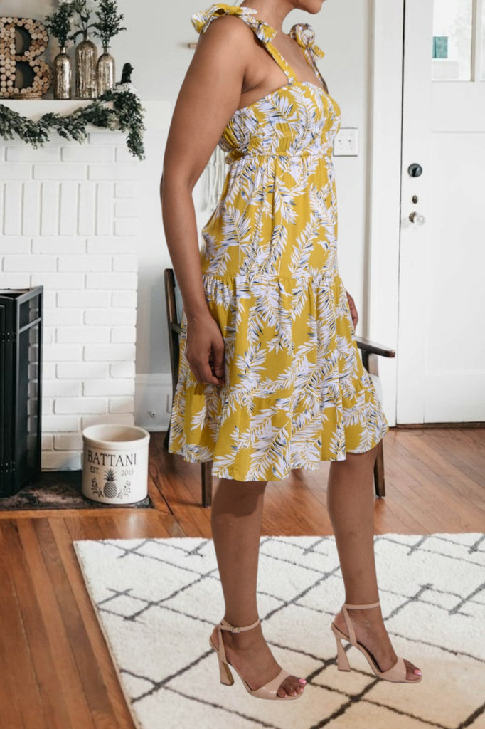 Mustard Floral Tie Shoulder Dress - StylePhase SA