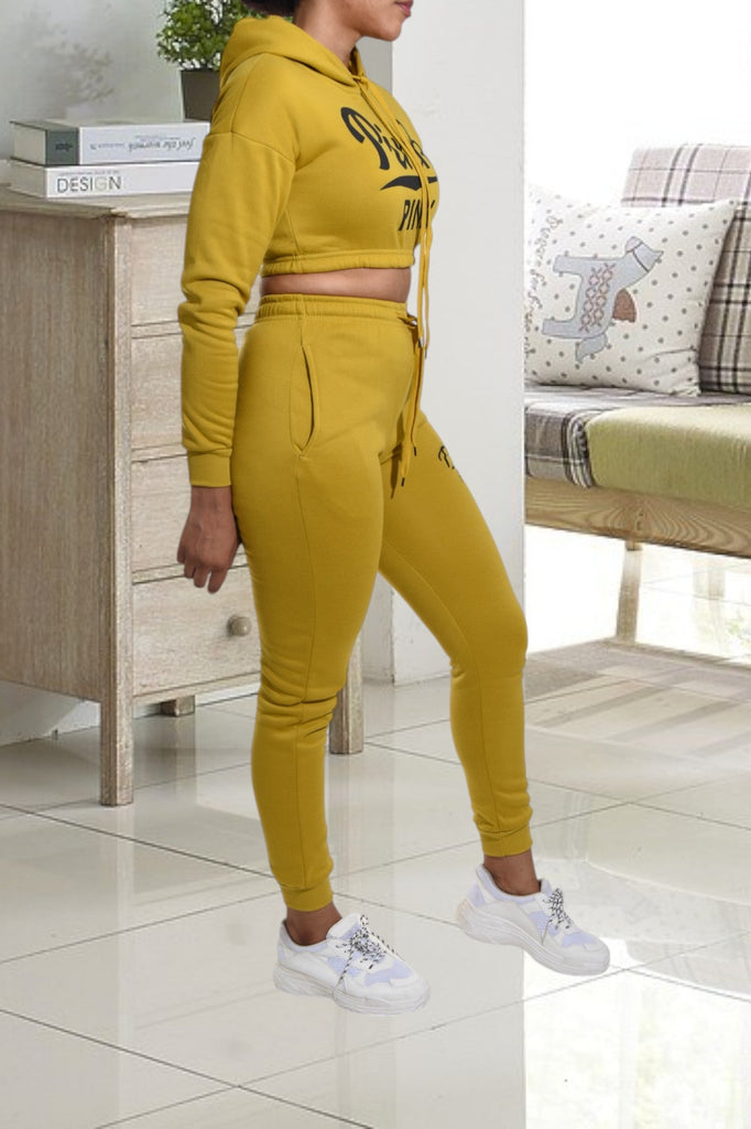 Mustard Printed Crop Fleece Tracksuit - StylePhase SA