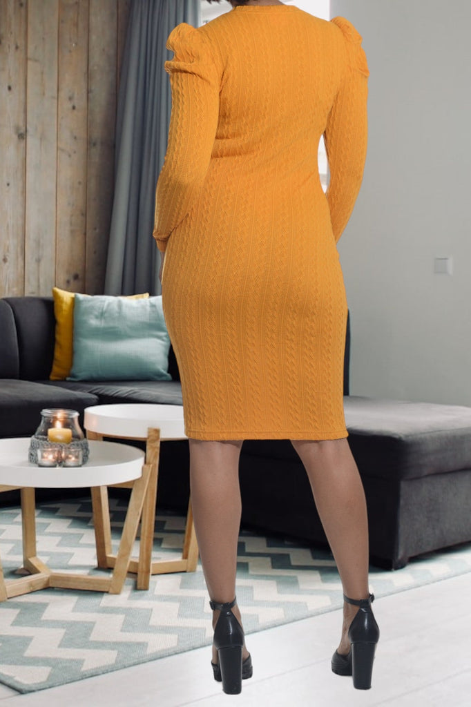 Mustard Puffed Sleeve Dress - StylePhase SA