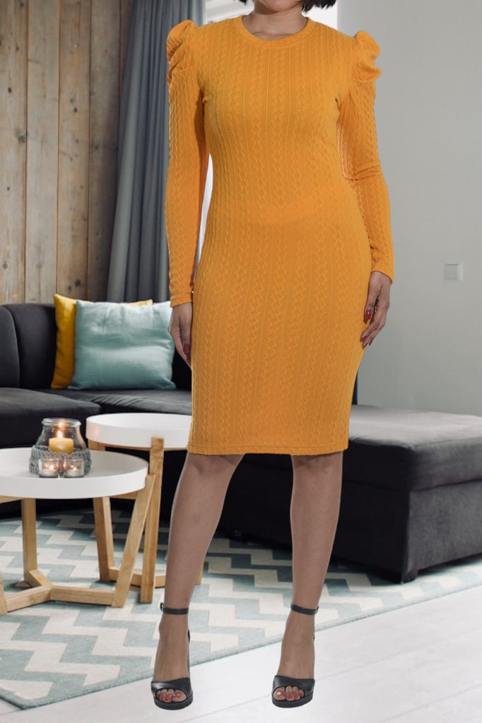 Mustard Puffed Sleeve Dress - StylePhase SA